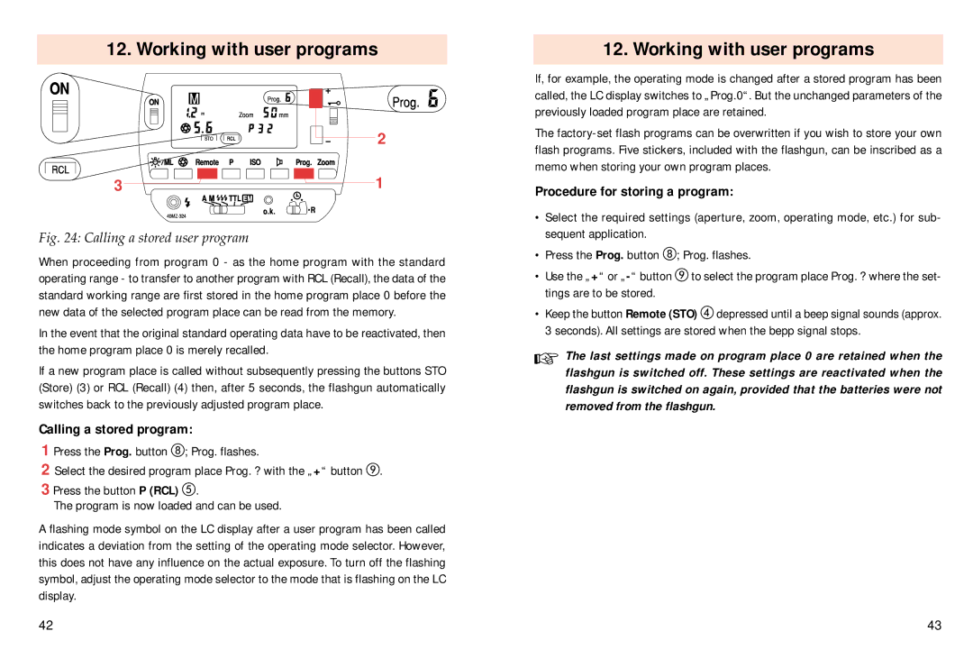 Pentax 40 MZ-3i operating instructions Calling a stored program, Procedure for storing a program, Prog. flashes 