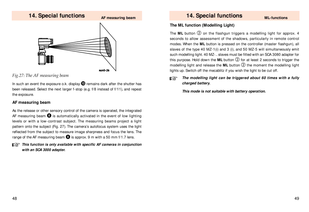 Pentax 40 MZ-3i operating instructions AF measuring beam, ML function Modelling Light, ML-functions, ML button 