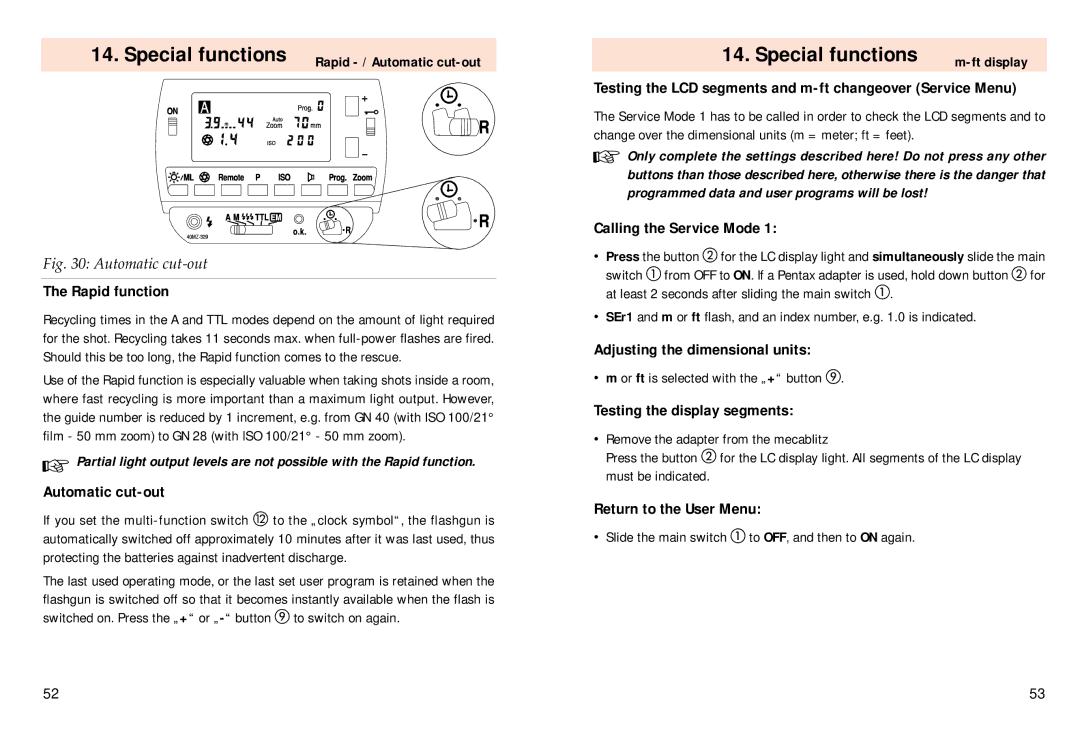Pentax 40 MZ-3i Rapid function, Automatic cut-out, Calling the Service Mode, Adjusting the dimensional units 