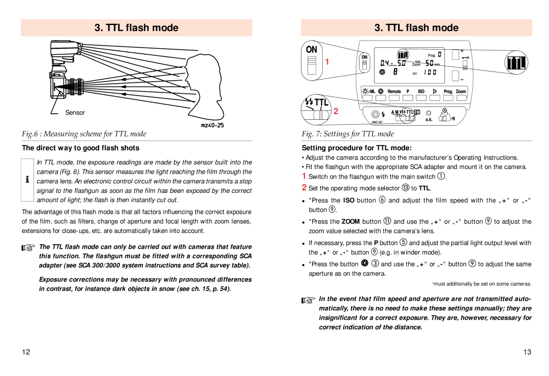 Pentax 40 MZ-3i operating instructions TTL flash mode, Direct way to good flash shots, Setting procedure for TTL mode 