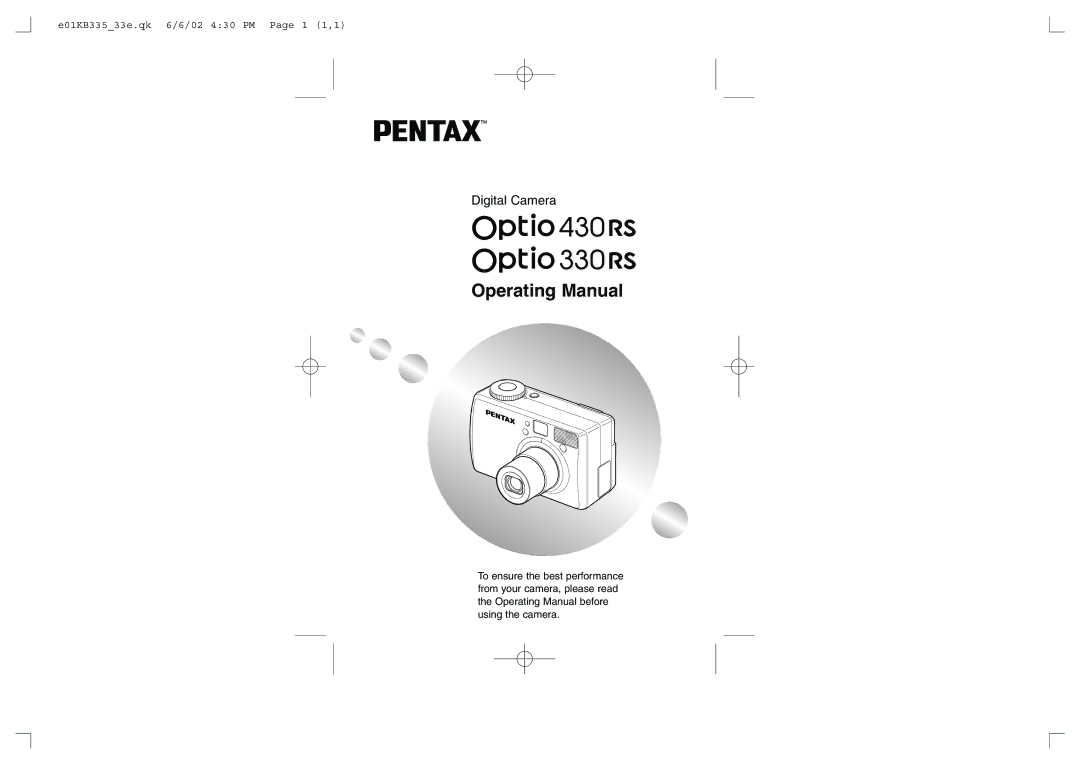 Pentax 330RS, 430RS manual Operating Manual, E01KB33533e.qk 6/6/02 430 PM Page 1 1,1 