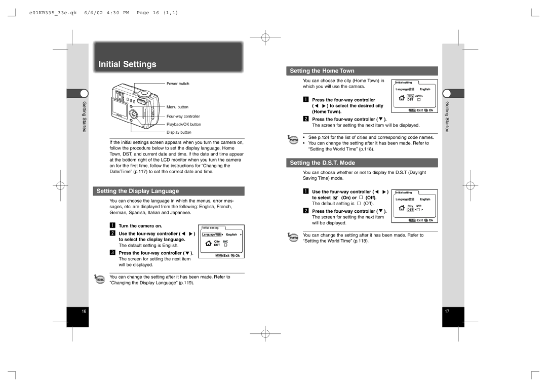 Pentax 430RS, 330RS manual Initial Settings, Setting the Home Town, Setting the D.S.T. Mode, Setting the Display Language 