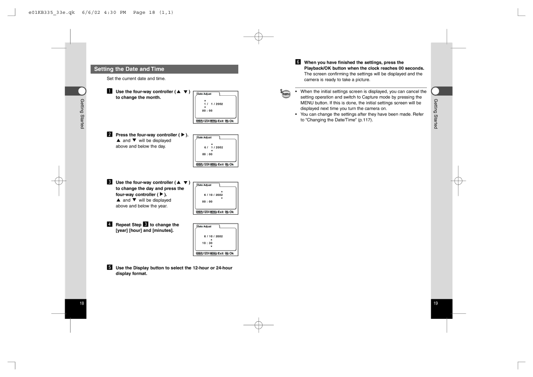 Pentax 330RS, 430RS manual Setting the Date and Time, E01KB33533e.qk 6/6/02 430 PM Page 18 1,1 