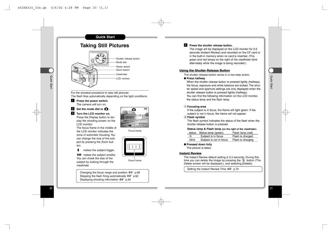 Pentax 430RS manual Quick Start, E02KB33533e.qk 6/6/02 428 PM Page 20 1,1, Using the Shutter Release Button, Instant Review 