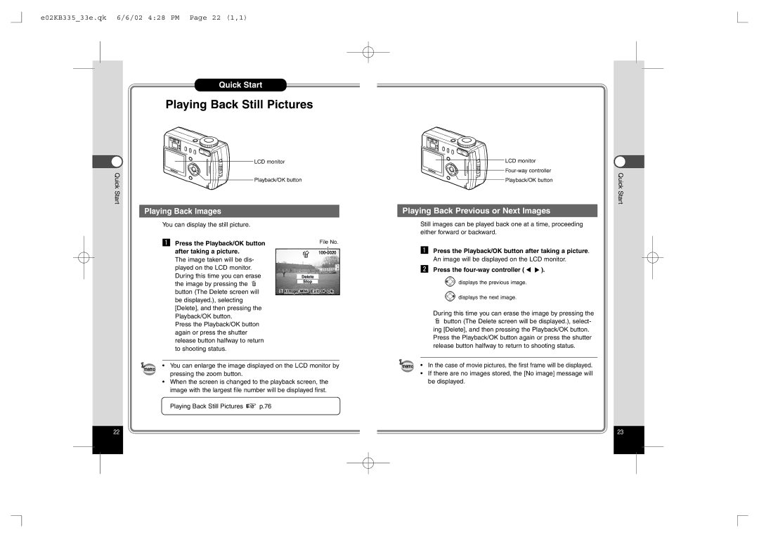 Pentax 330RS, 430RS manual Playing Back Previous or Next Images, E02KB33533e.qk 6/6/02 428 PM Page 22 1,1 