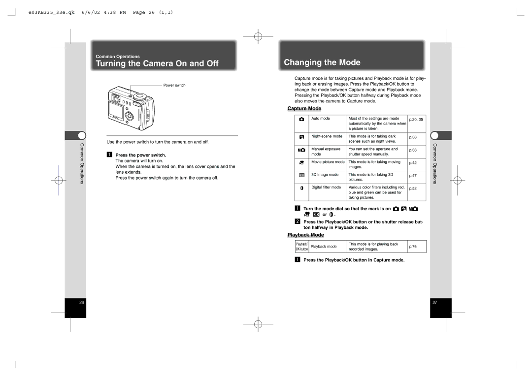Pentax 330RS Turning the Camera On and Off, Changing the Mode, E03KB33533e.qk 6/6/02 438 PM Page 26 1,1, Capture Mode 