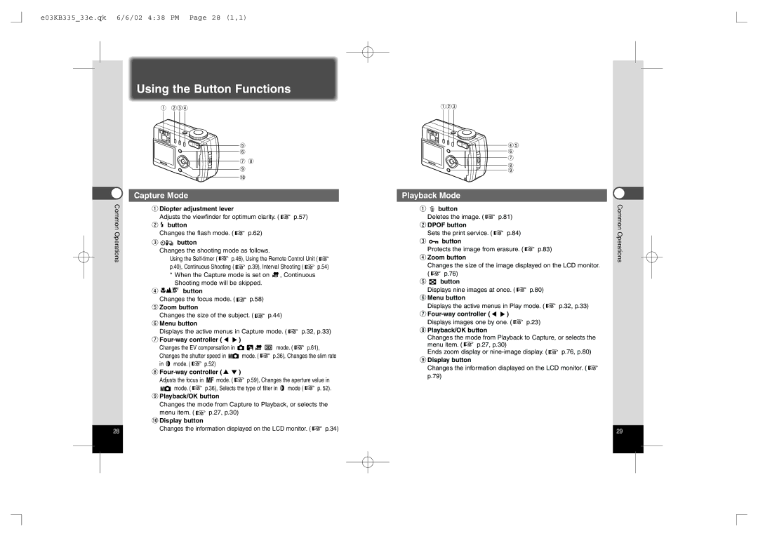 Pentax 430RS, 330RS manual Using the Button Functions, Capture Mode, Playback Mode, E03KB33533e.qk 6/6/02 438 PM Page 28 1,1 