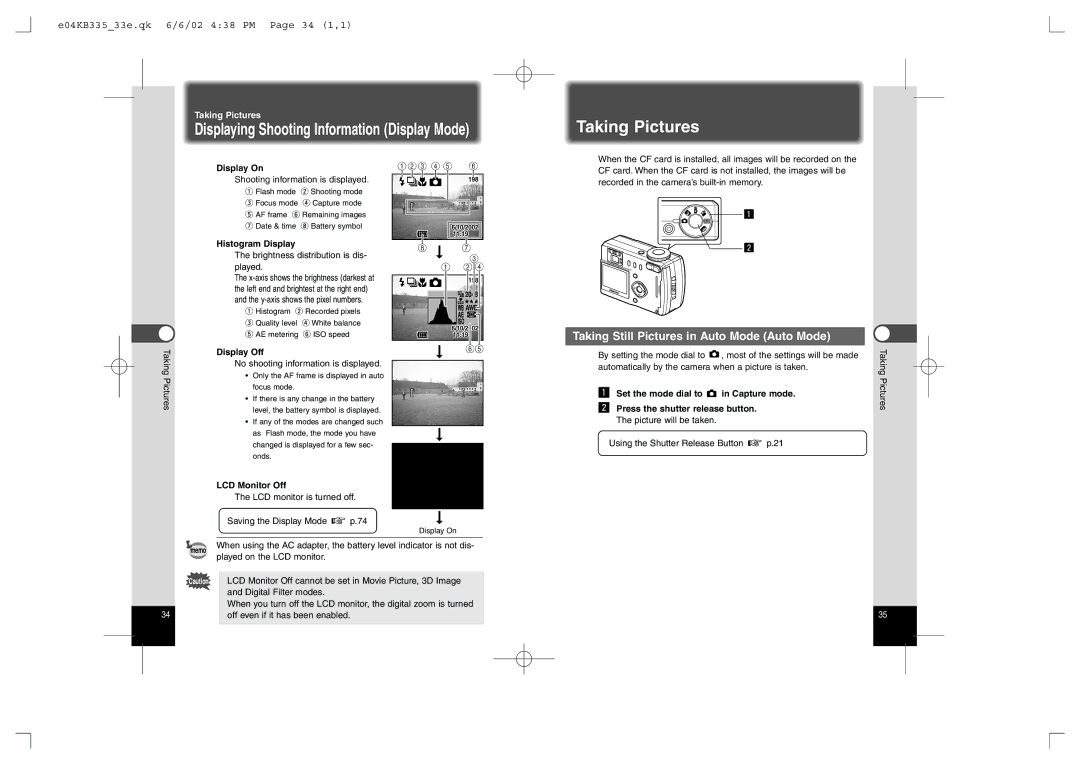 Pentax 330RS Taking Pictures, Displaying Shooting Information Display Mode, Taking Still Pictures in Auto Mode Auto Mode 