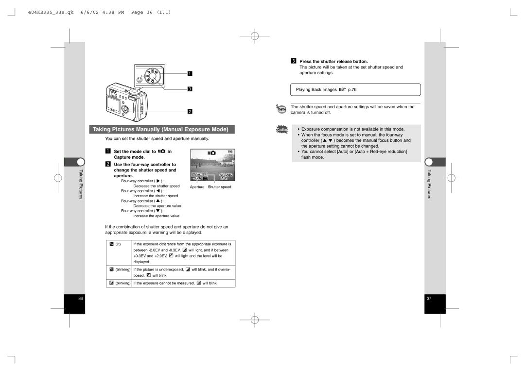 Pentax 430RS, 330RS Taking Pictures Manually Manual Exposure Mode, E04KB33533e.qk 6/6/02 438 PM Page 36 1,1, Flash mode 
