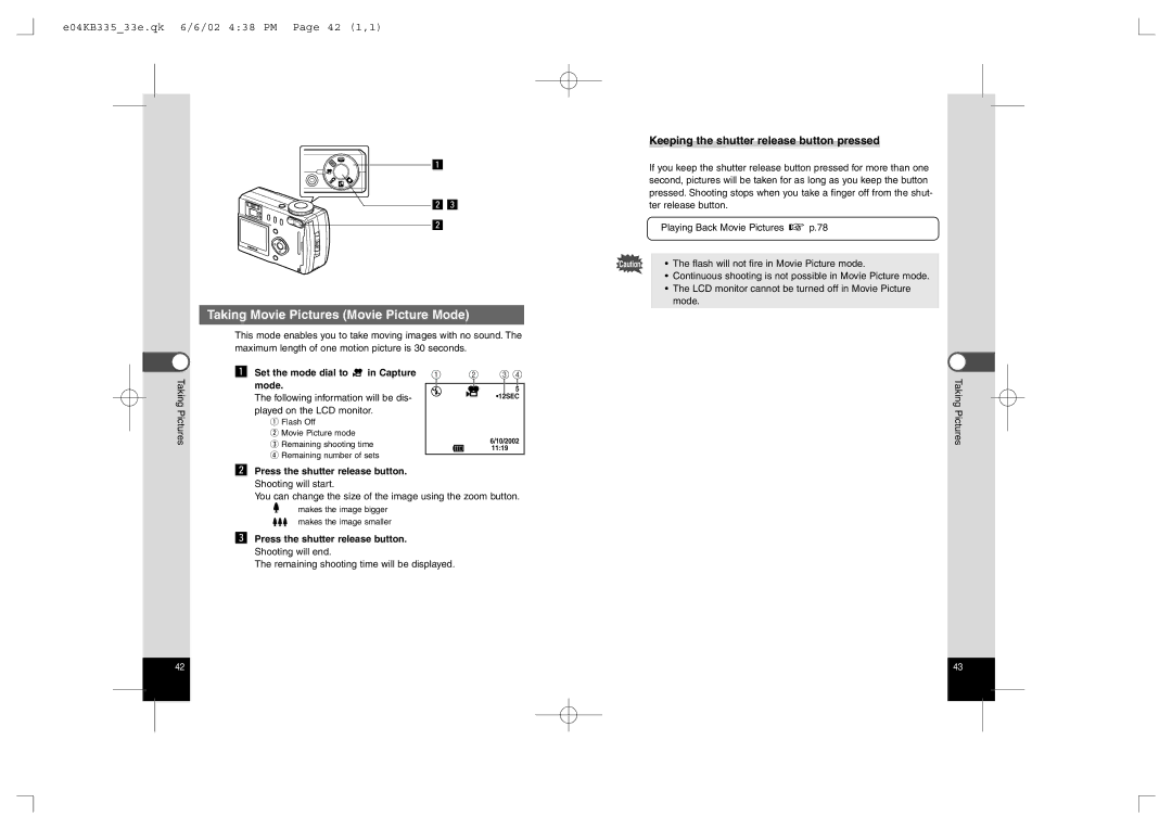 Pentax 330RS, 430RS manual Taking Movie Pictures Movie Picture Mode, E04KB33533e.qk 6/6/02 438 PM Page 42 1,1 