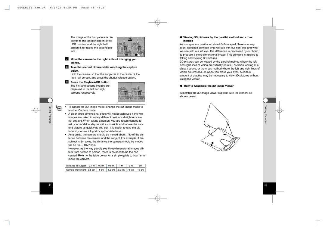 Pentax 430RS, 330RS E04KB33533e.qk 6/6/02 439 PM Page 48 1,1, Viewing 3D pictures by the parallel method and cross Method 