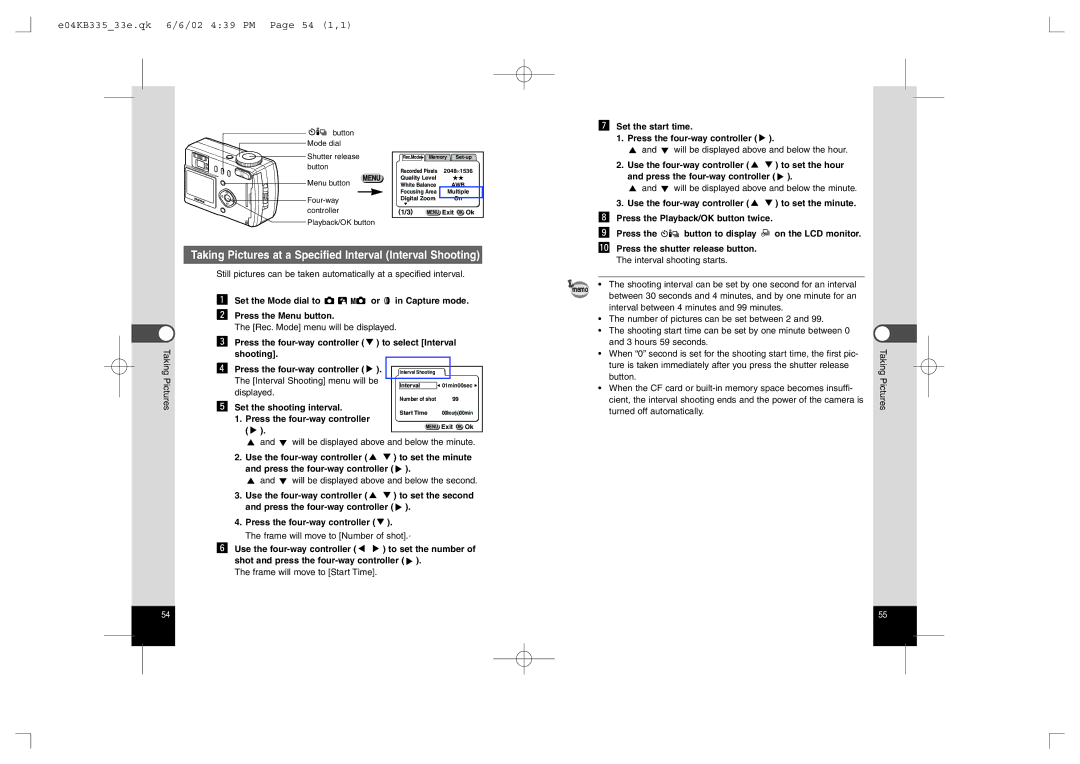 Pentax 330RS, 430RS E04KB33533e.qk 6/6/02 439 PM Page 54 1,1, Press the four-way controller To select Interval, Shooting 