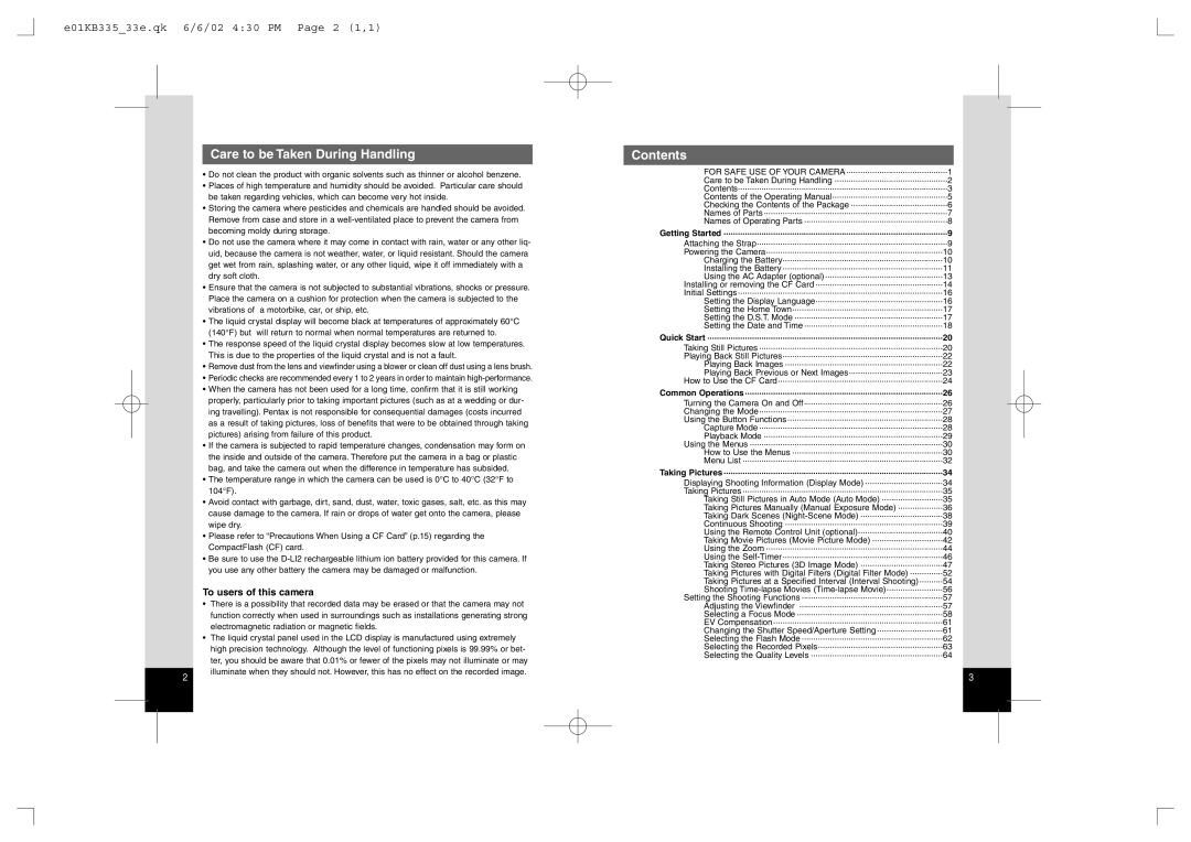 Pentax 330RS, 430RS manual Care to be Taken During Handling, Contents 