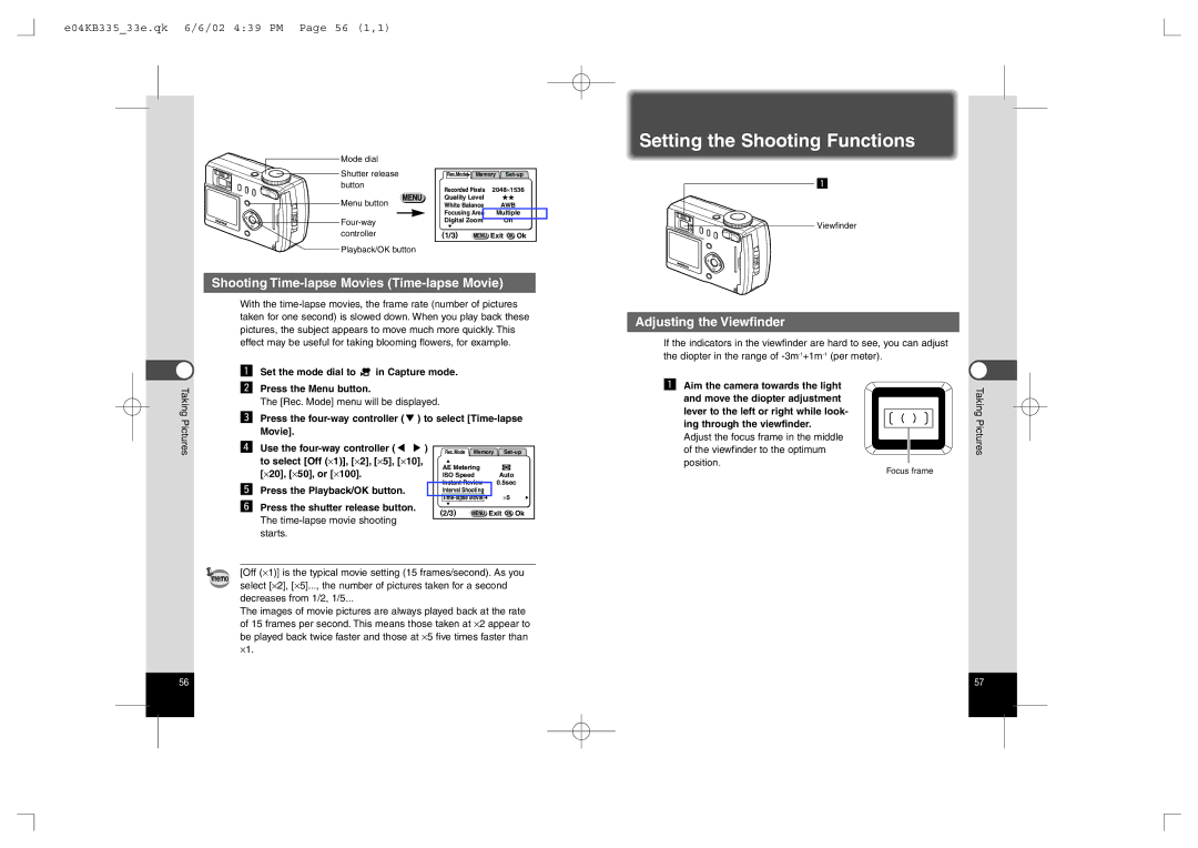 Pentax 430RS, 330RS Setting the Shooting Functions, Shooting Time-lapse Movies Time-lapse Movie, Adjusting the Viewfinder 