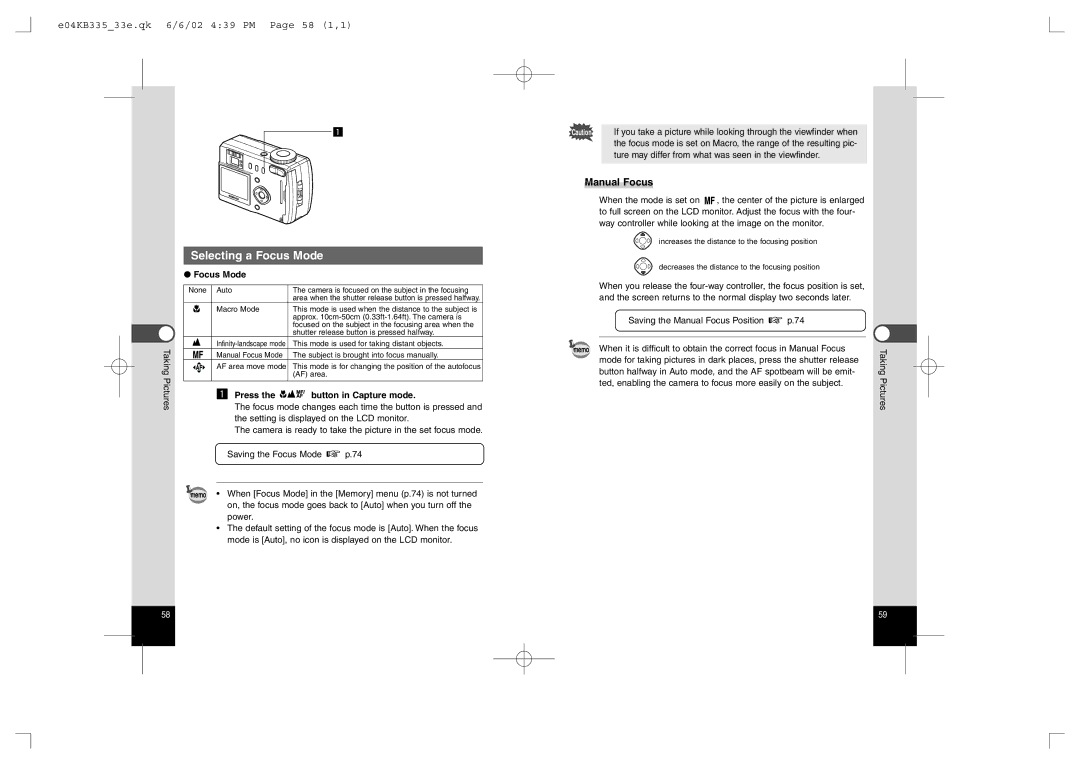 Pentax 330RS, 430RS manual Selecting a Focus Mode, E04KB33533e.qk 6/6/02 439 PM Page 58 1,1, Manual Focus 