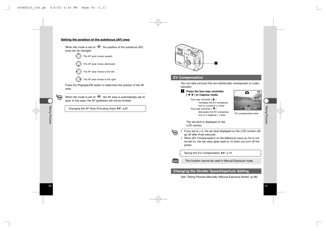 Pentax 430RS, 330RS EV Compensation, Changing the Shutter Speed/Aperture Setting, E04KB33533e.qk 6/6/02 439 PM Page 60 1,1 