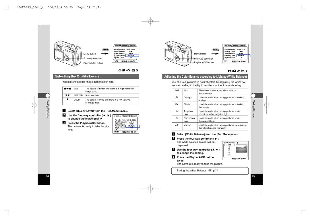 Pentax 430RS, 330RS Selecting the Quality Levels, E04KB33533e.qk 6/6/02 439 PM Page 64 1,1, To change the image quality 