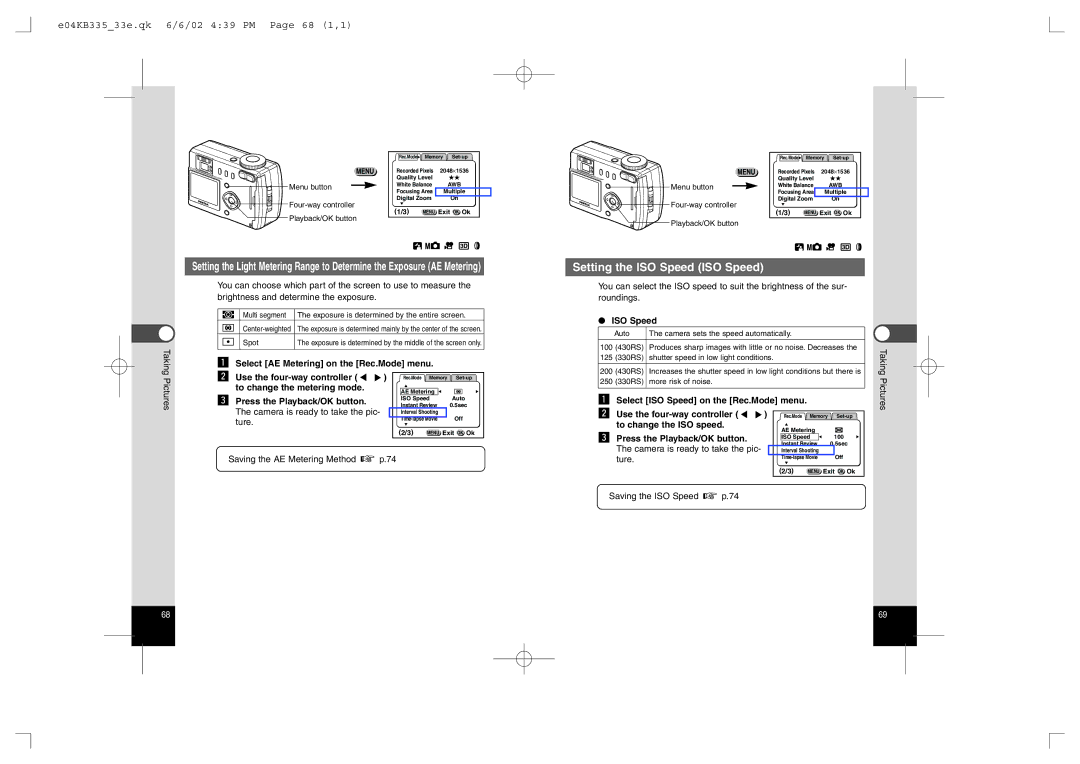 Pentax 430RS, 330RS Setting the ISO Speed ISO Speed, E04KB33533e.qk 6/6/02 439 PM Page 68 1,1, To change the ISO speed 