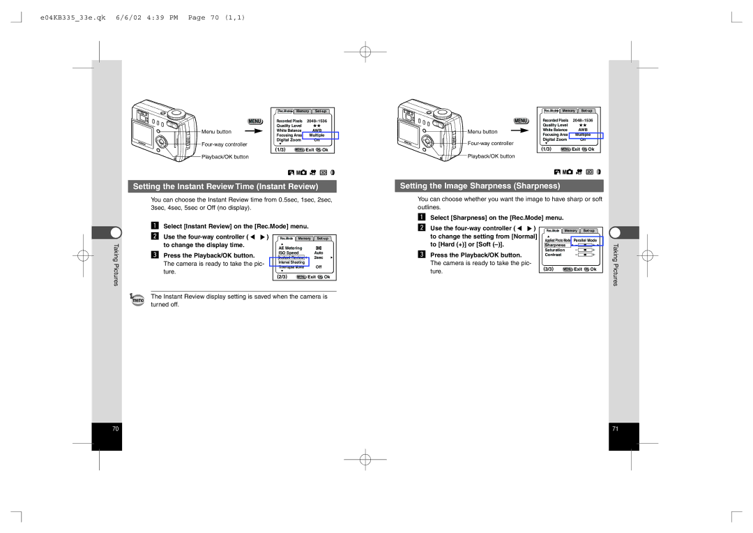 Pentax 330RS manual E04KB33533e.qk 6/6/02 439 PM Page 70 1,1, To change the display time, To change the setting from Normal 