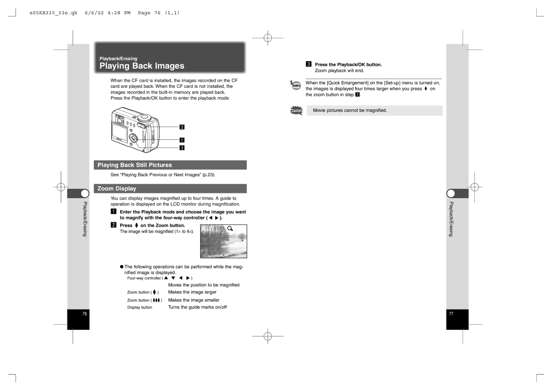 Pentax 430RS Playing Back Images, Playing Back Still Pictures, Zoom Display, E05KB33533e.qk 6/6/02 428 PM Page 76 1,1 