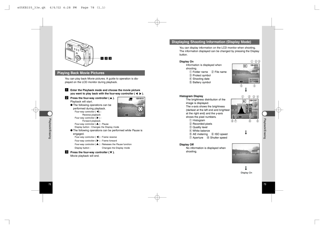 Pentax 330RS, 430RS manual Playing Back Movie Pictures, E05KB33533e.qk 6/6/02 428 PM Page 78 1,1 