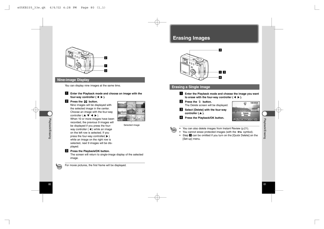 Pentax 430RS, 330RS Erasing Images, Nine-image Display, Erasing a Single Image, E05KB33533e.qk 6/6/02 428 PM Page 80 1,1 