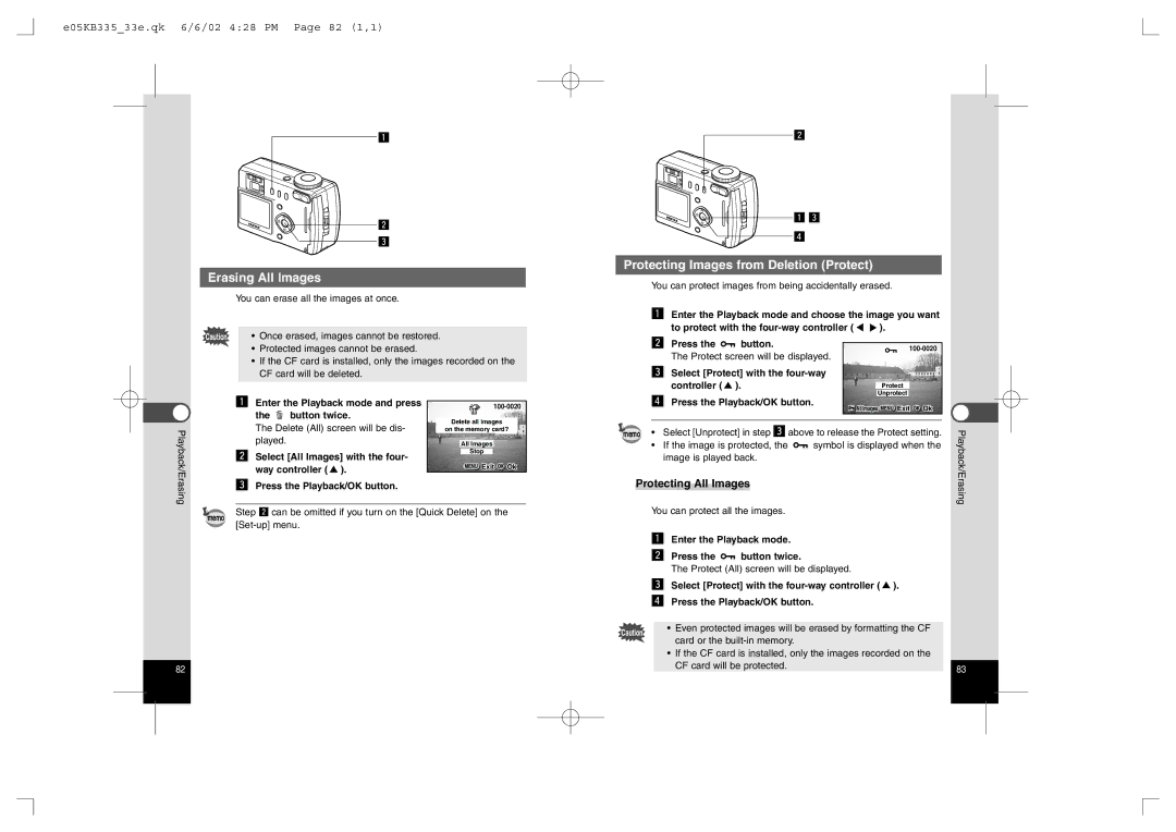 Pentax 330RS, 430RS Erasing All Images, Protecting Images from Deletion Protect, E05KB33533e.qk 6/6/02 428 PM Page 82 1,1 