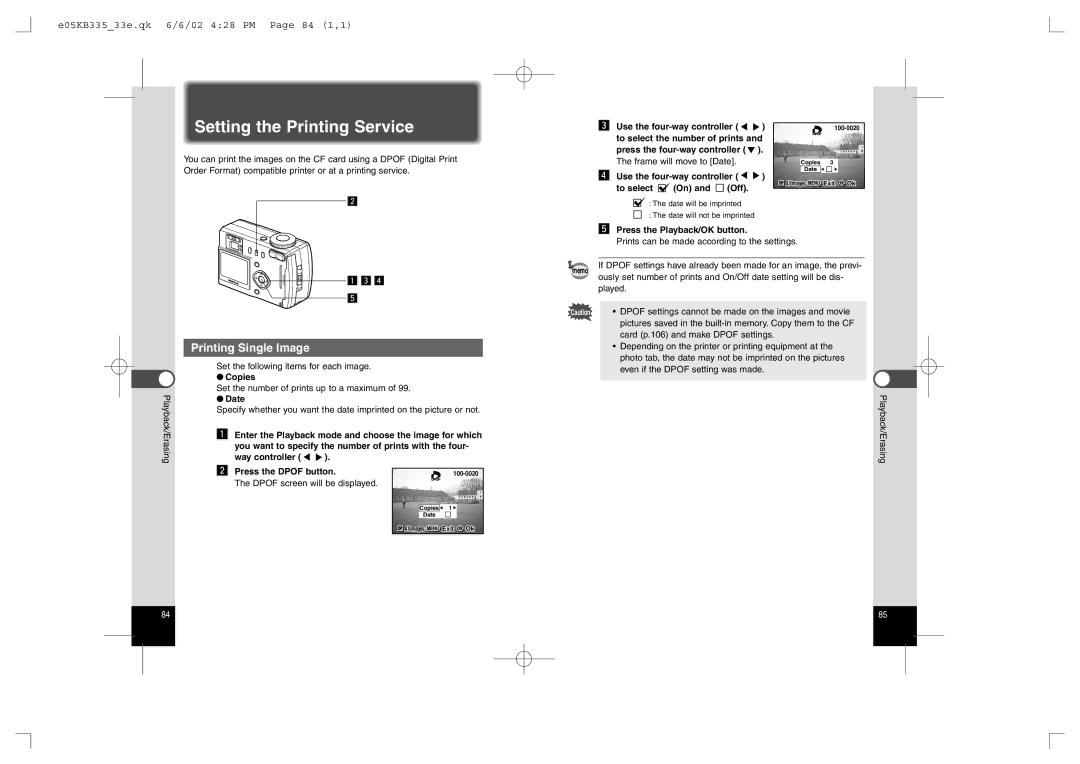 Pentax 430RS, 330RS manual Setting the Printing Service, Printing Single Image, E05KB33533e.qk 6/6/02 428 PM Page 84 1,1 