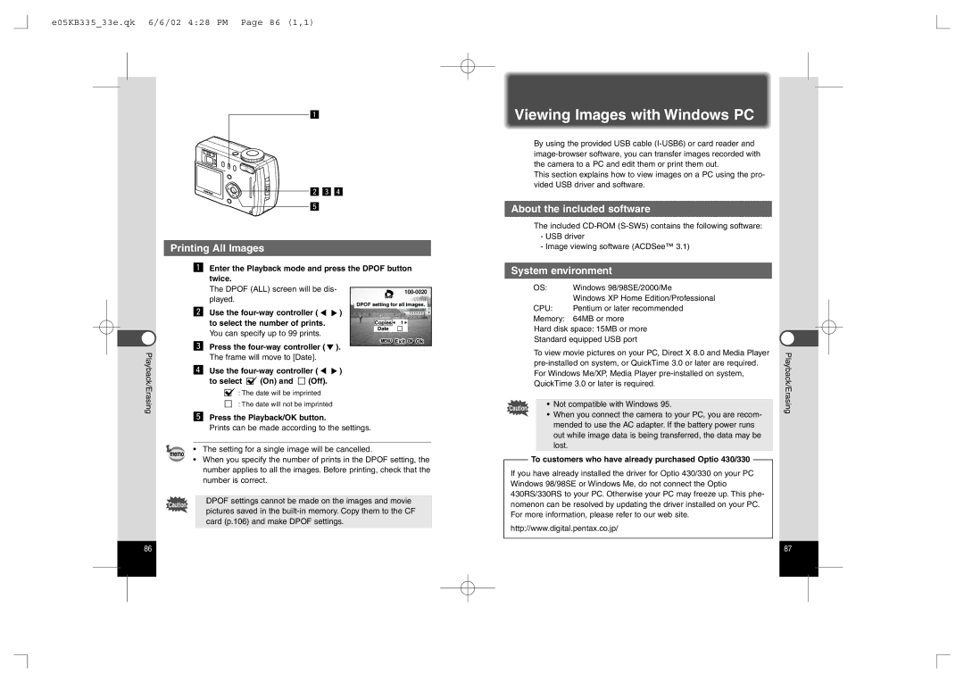 Pentax 330RS, 430RS Viewing Images with Windows PC, Printing All Images, About the included software, System environment 