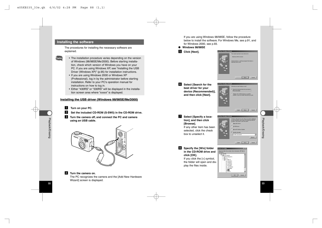 Pentax 430RS, 330RS manual Installing the software, E05KB33533e.qk 6/6/02 428 PM Page 88 1,1 