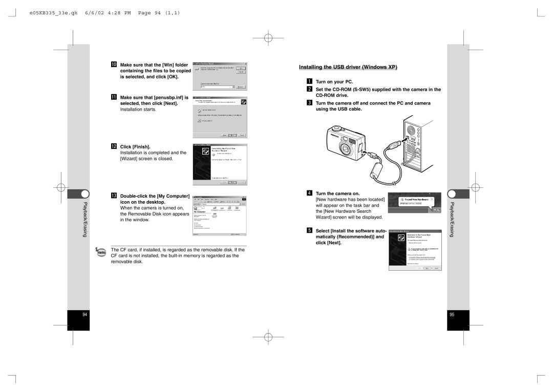 Pentax 330RS, 430RS manual E05KB33533e.qk 6/6/02 428 PM Page 94 1,1, Installing the USB driver Windows XP 