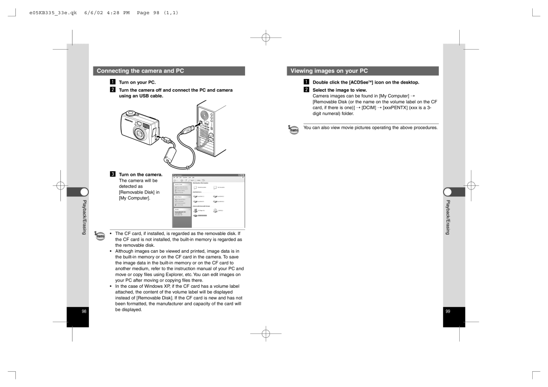 Pentax 330RS, 430RS manual Connecting the camera and PC Viewing images on your PC, E05KB33533e.qk 6/6/02 428 PM Page 98 1,1 