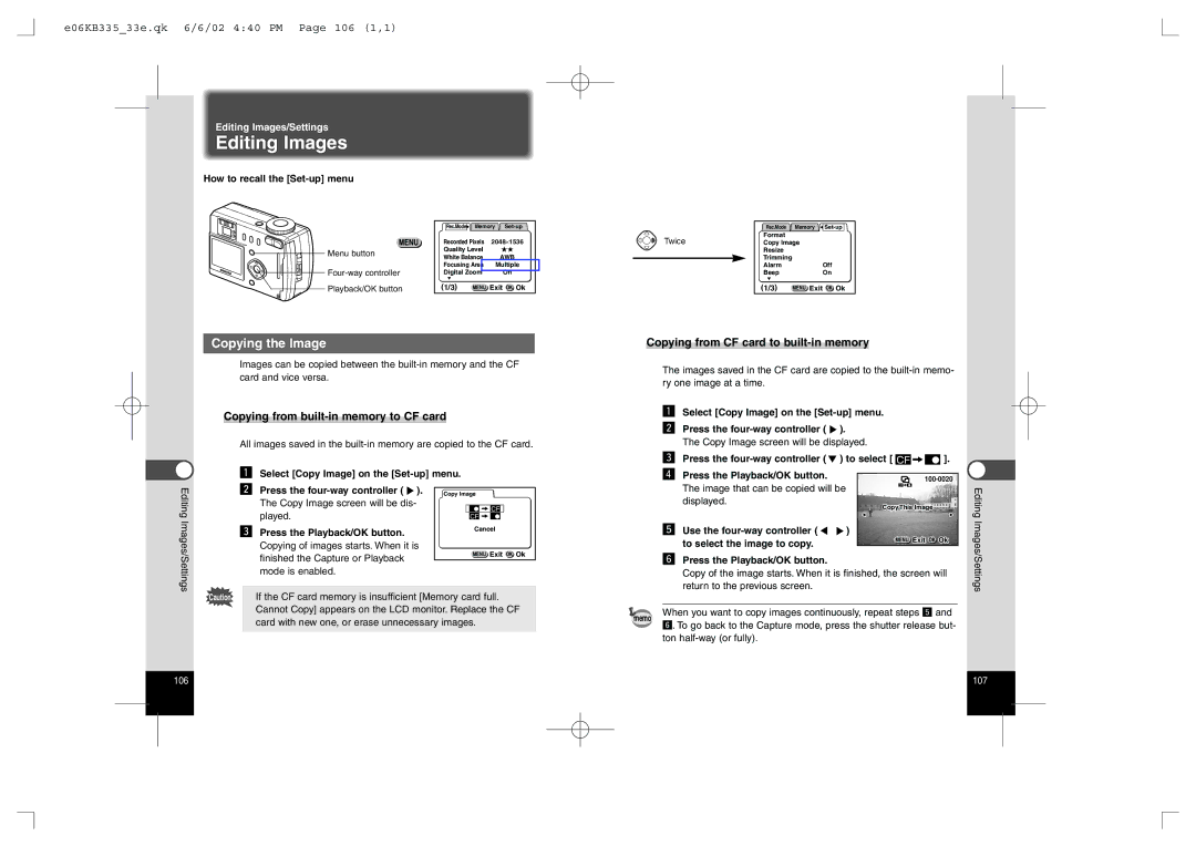 Pentax 330RS, 430RS manual Editing Images, Copying the Image, E06KB33533e.qk 6/6/02 440 PM Page 106 1,1 