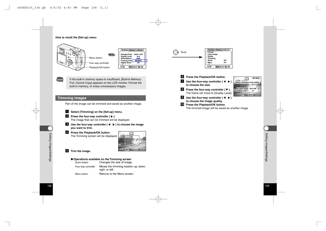 Pentax 430RS Trimming Images, E06KB33533e.qk 6/6/02 440 PM Page 108 1,1, Use the four-way controller to choose the size 