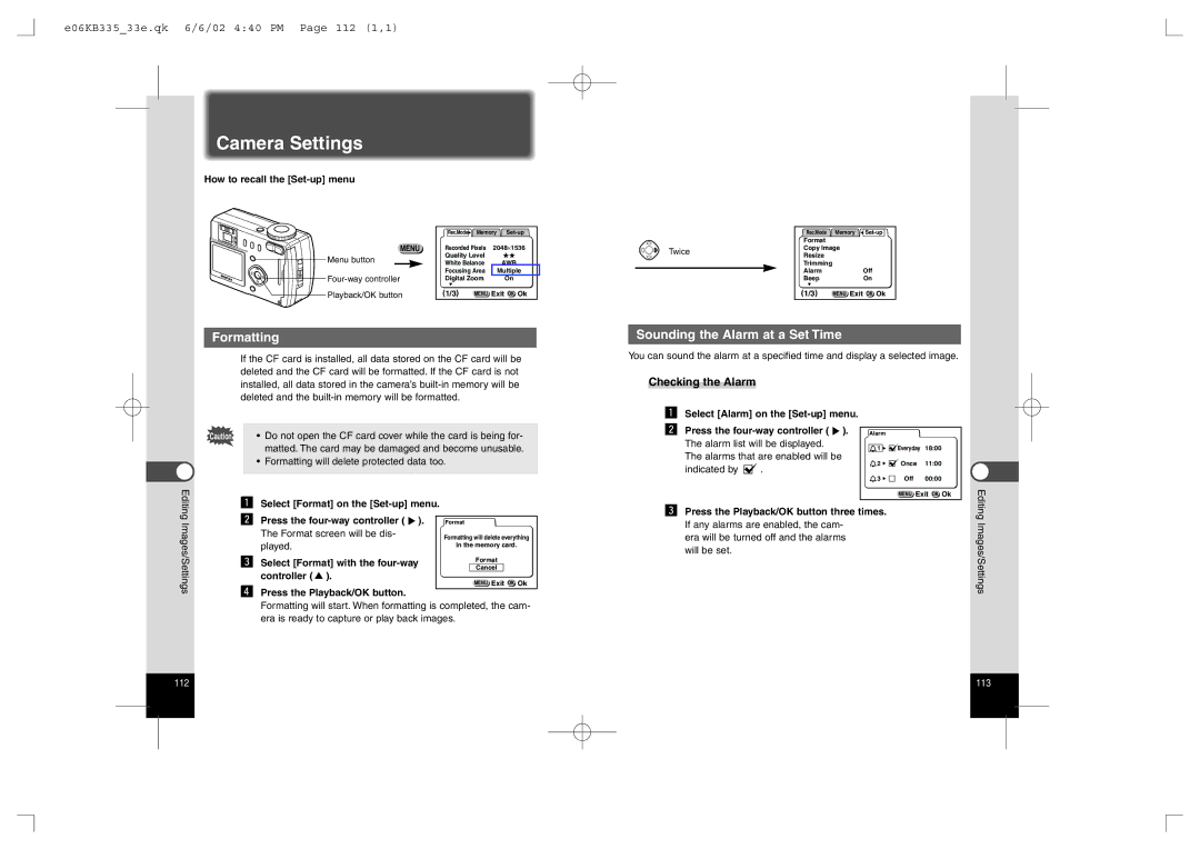 Pentax 430RS Camera Settings, Formatting, Sounding the Alarm at a Set Time, E06KB33533e.qk 6/6/02 440 PM Page 112 1,1 