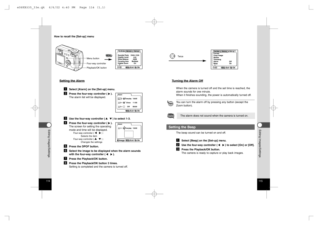 Pentax 330RS, 430RS Setting the Beep, E06KB33533e.qk 6/6/02 440 PM Page 114 1,1, Setting the Alarm Turning the Alarm Off 