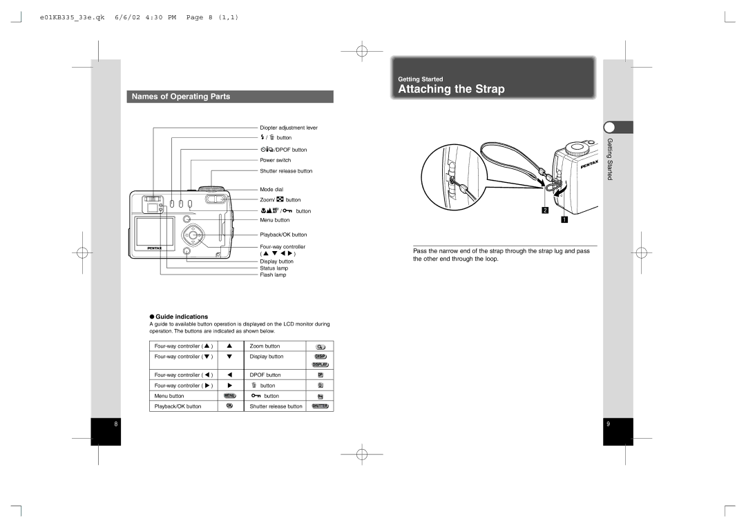 Pentax 430RS manual Attaching the Strap, Names of Operating Parts, E01KB33533e.qk 6/6/02 430 PM Page 8 1,1, Getting Started 