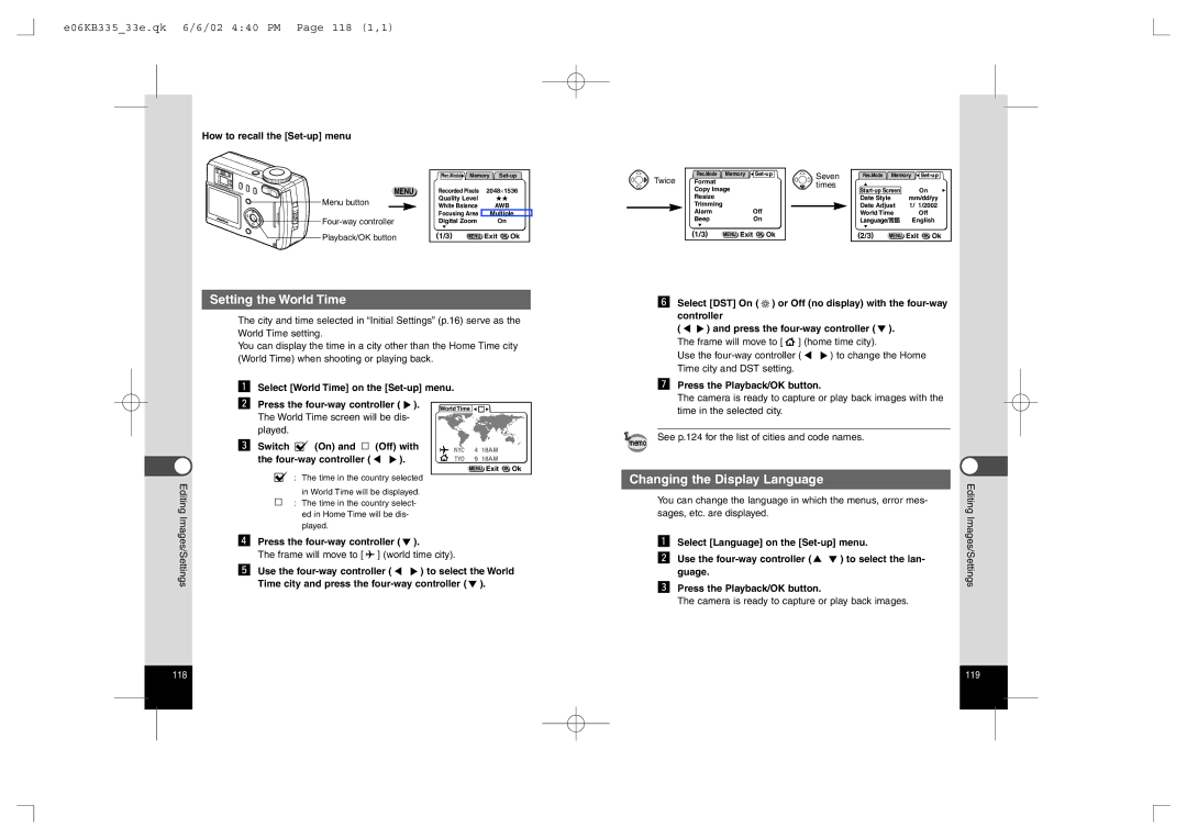 Pentax 330RS, 430RS manual Setting the World Time, Changing the Display Language, E06KB33533e.qk 6/6/02 440 PM Page 118 1,1 