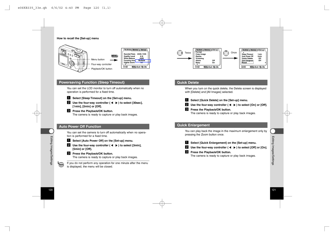 Pentax 430RS, 330RS manual Powersaving Function Sleep Timeout, Auto Power Off Function Quick Delete, Quick Enlargement 