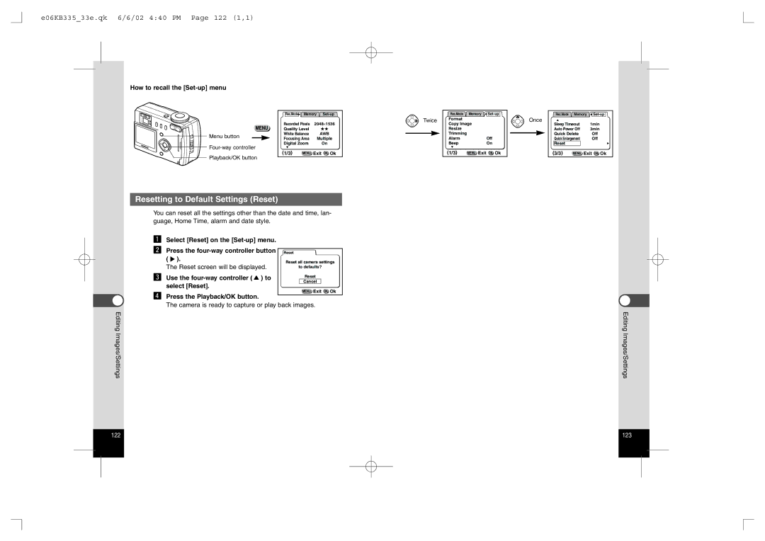 Pentax 330RS, 430RS manual Resetting to Default Settings Reset, E06KB33533e.qk 6/6/02 440 PM Page 122 1,1 