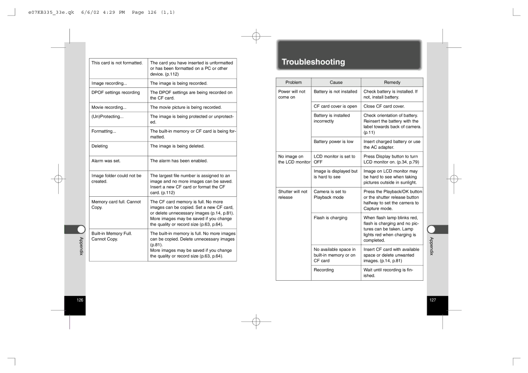 Pentax 330RS, 430RS manual Troubleshooting, E07KB33533e.qk 6/6/02 429 PM Page 126 1,1, LCD monitor on. p.34, p.79 