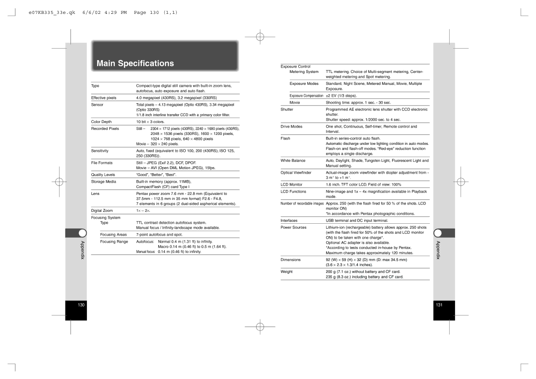 Pentax 330RS, 430RS manual Main Specifications, E07KB33533e.qk 6/6/02 429 PM Page 130 1,1 