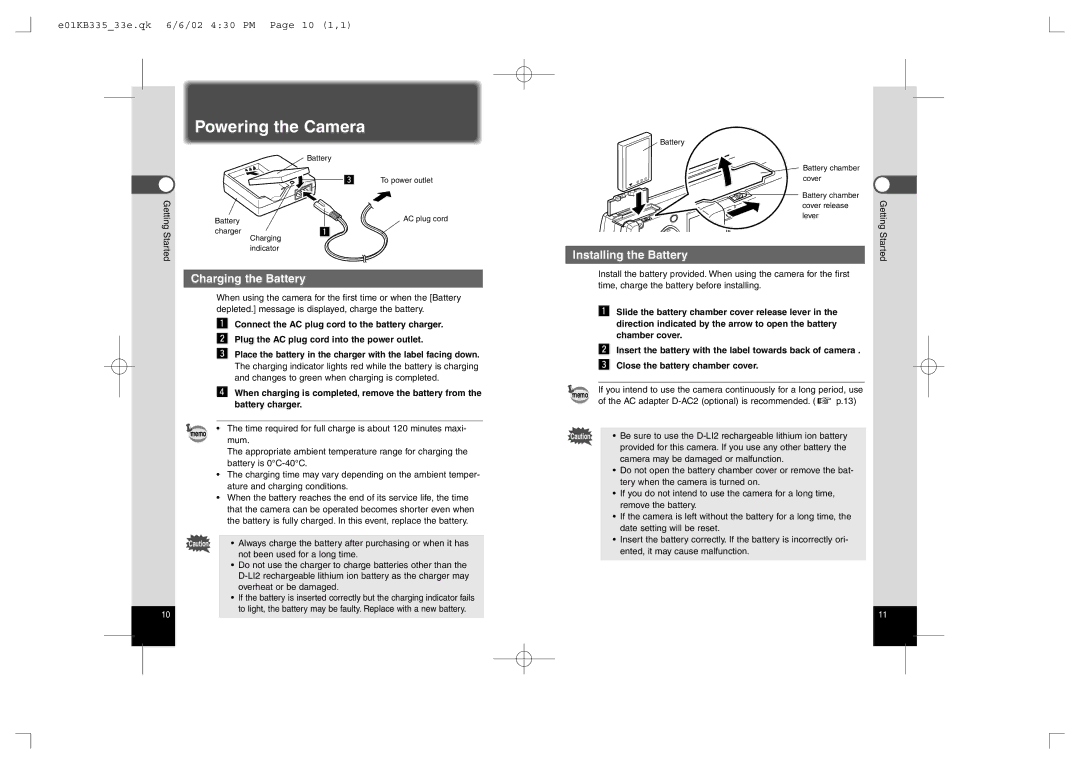 Pentax 330RS Powering the Camera, Charging the Battery, Installing the Battery, E01KB33533e.qk 6/6/02 430 PM Page 10 1,1 