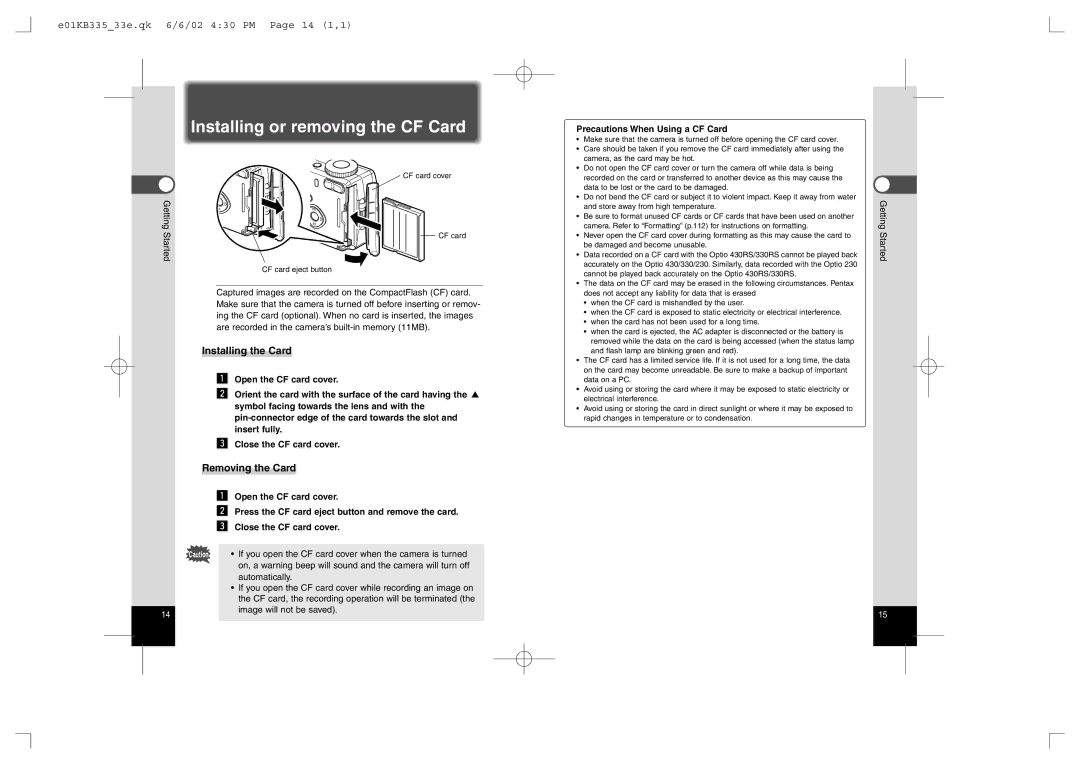 Pentax 330RS, 430RS manual Installing or removing the CF Card, E01KB33533e.qk 6/6/02 430 PM Page 14 1,1, Installing the Card 