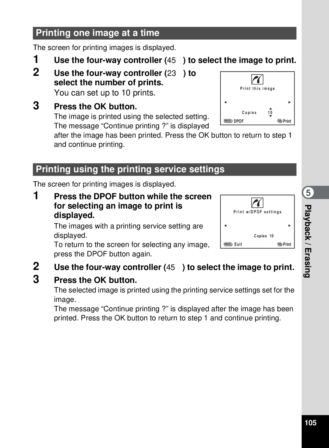 Pentax 555 Printing one image at a time, Printing using the printing service settings, You can set up to 10 prints, 105 