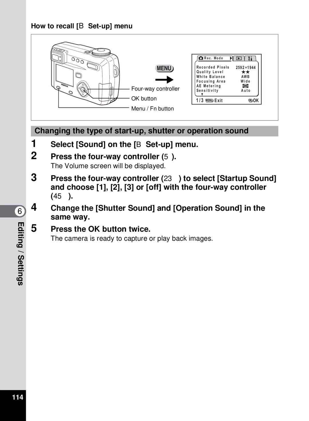 Pentax 555 manual How to recall B Set-up menu, Volume screen will be displayed, 114 