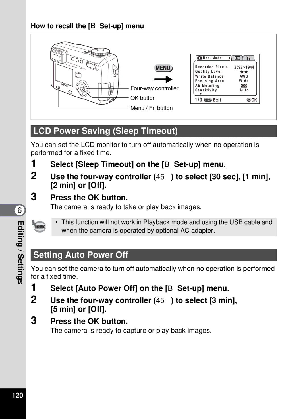 Pentax 555 manual LCD Power Saving Sleep Timeout, Setting Auto Power Off, 120 