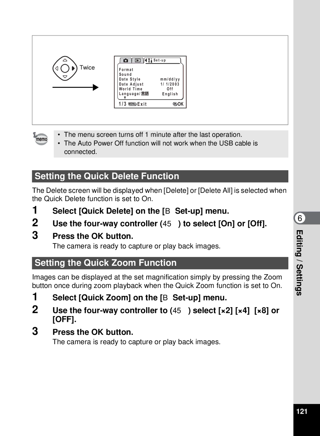 Pentax 555 manual Setting the Quick Delete Function, Setting the Quick Zoom Function, 121 