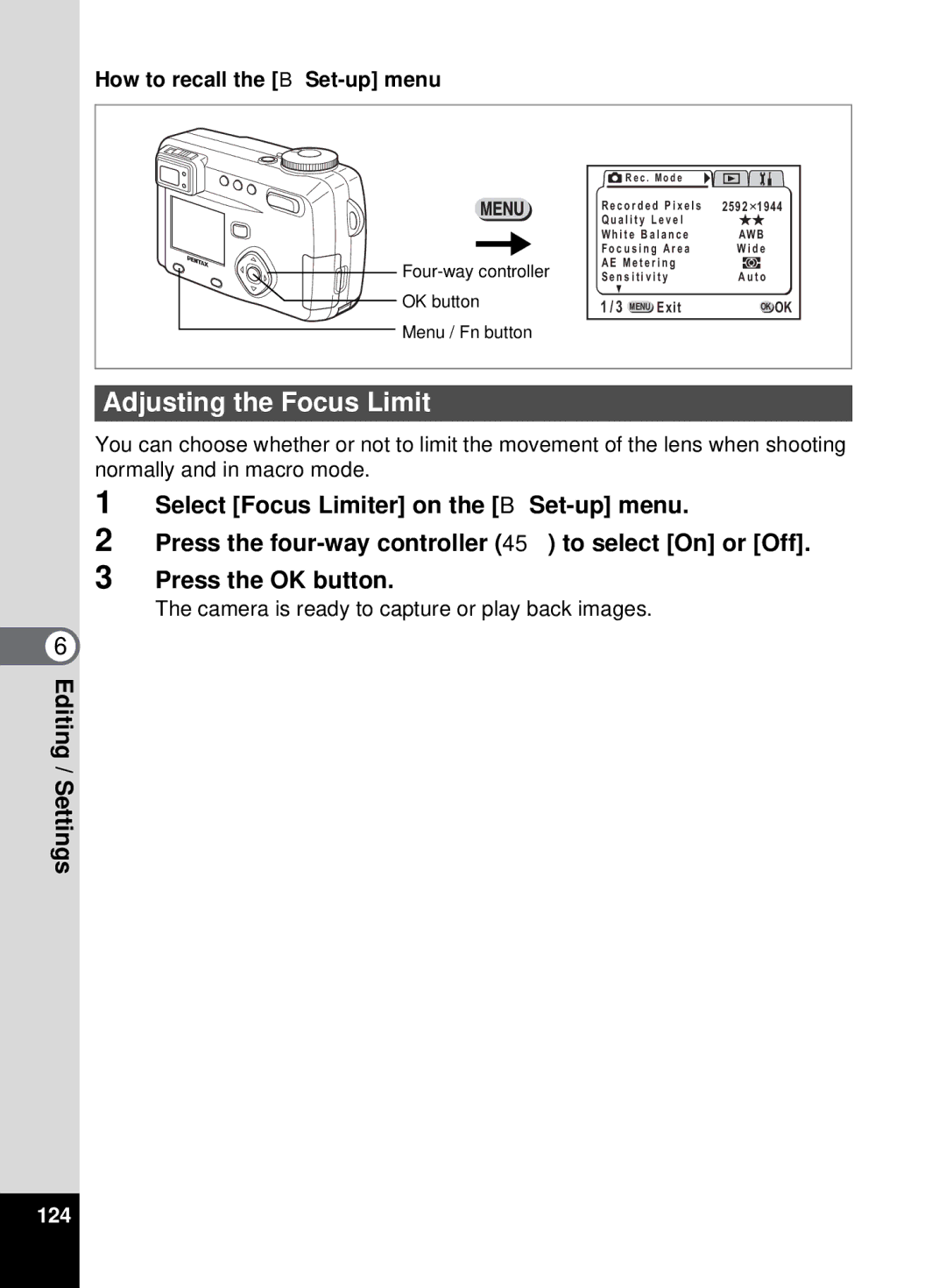 Pentax 555 manual Adjusting the Focus Limit, 124 