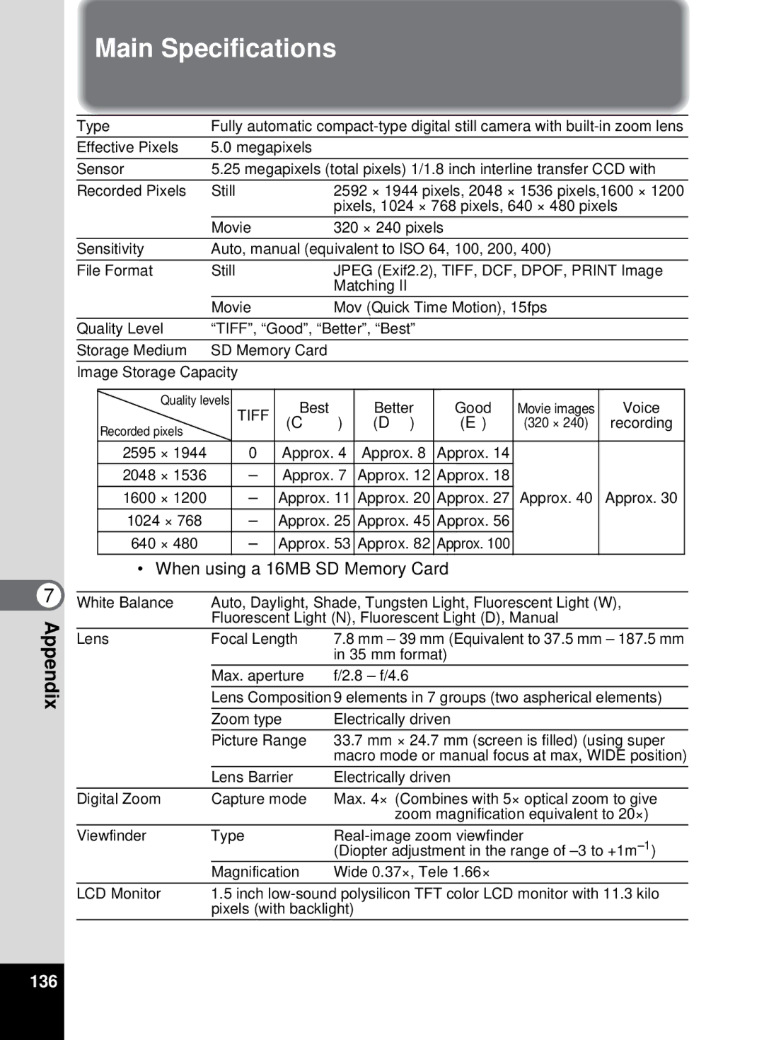 Pentax 555 manual Main Specifications, When using a 16MB SD Memory Card, 136 